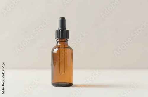 Amber glass dropper bottle with blank label space.