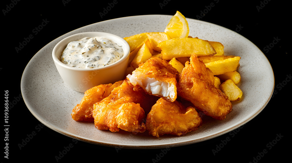 A plate of golden fish and chips served with tartar sauce and a wedge of lemon. A plate of golden fish and chips served with tartar sauce and a wedge of lemon.