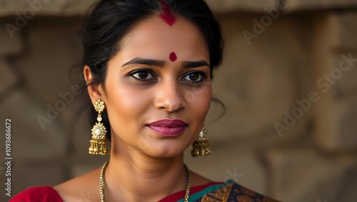 Serene Indian Woman with Traditional Bindis and Earrings photo