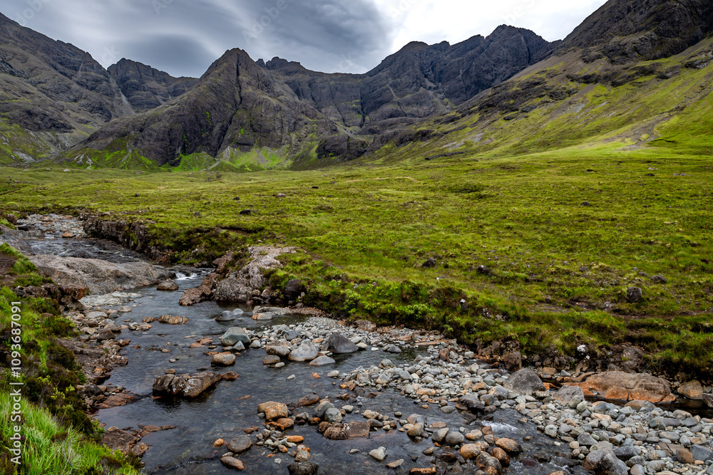 Naklejka premium Valley Glen Brittle With River Brittle And Waterfalls With Fairy Pools On The Isle Of Skye In Scotland, UK