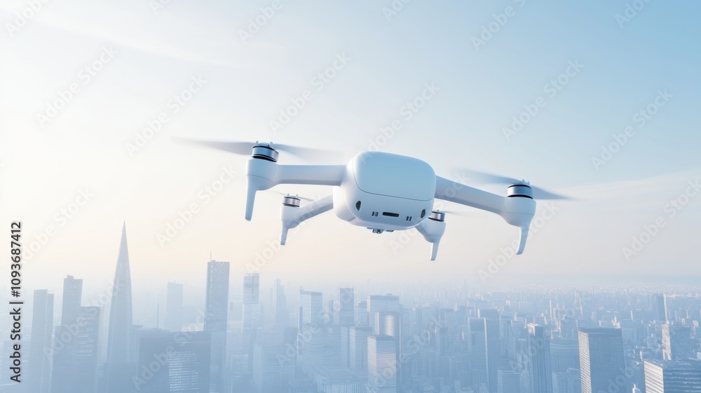 Futuristic Drone Flying Over Modern Cityscape with Skyscrapers and Clear Sky Futuristic Drone Flying Over Modern Cityscape with Skyscrapers and Clear Sky