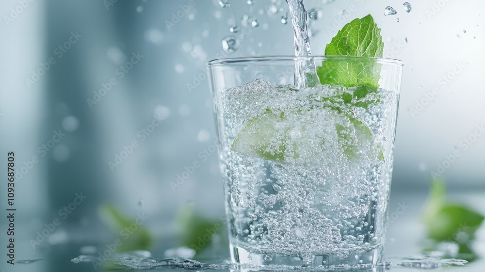 Refreshing sparkling water with lime and mint in glass Refreshing sparkling water with lime and mint in glass