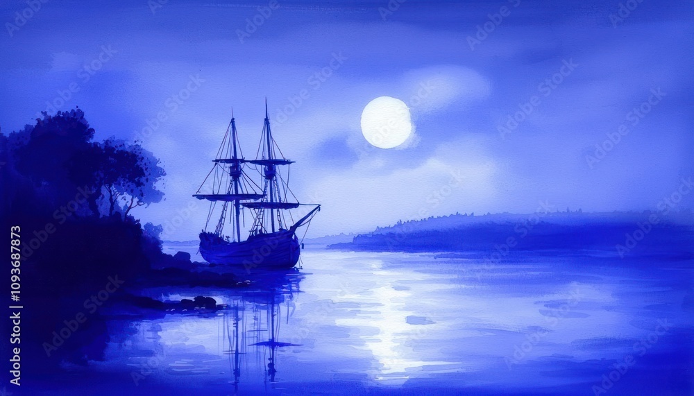 Fototapeta premium A Silhouetted Sailboat at Dusk Under a Full Moon