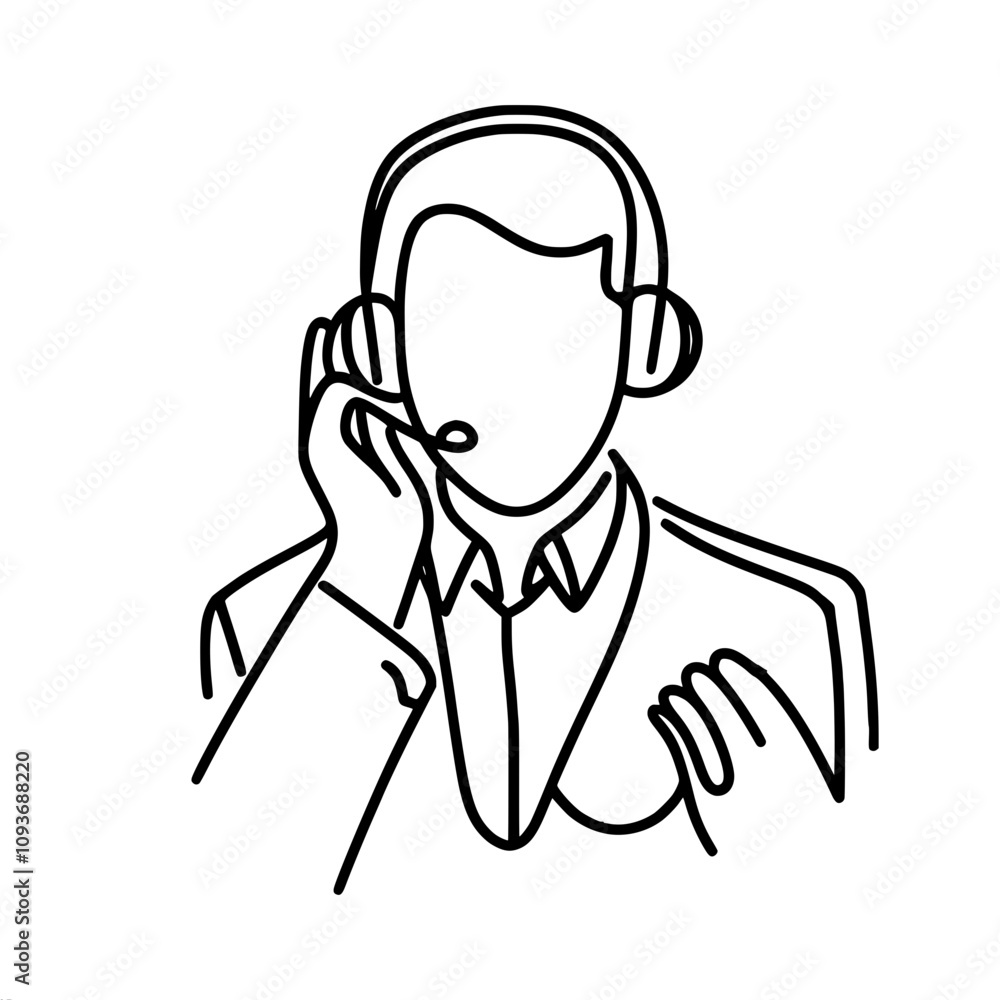Line art of male businessman with headset in suit communicating Line art of male businessman with headset in suit communicating