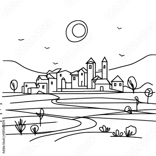 Minimalist line art of a tranquil countryside village under the sun photo