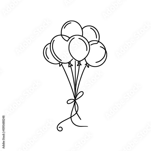 Black and white line drawing of a bunch of helium balloons tied with a ribbon