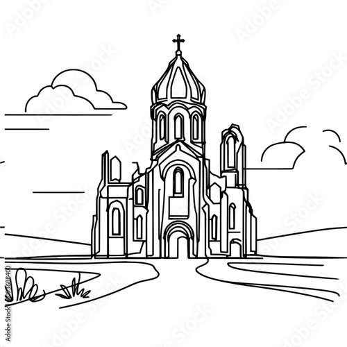 Historic armenian church with dome and cross outlined in black and white