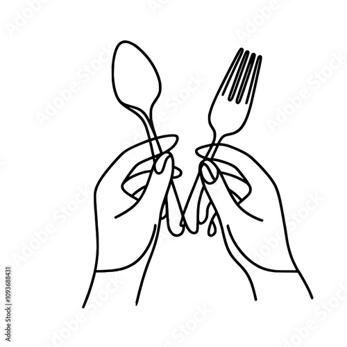 Simple line drawing of hands holding spoon and fork