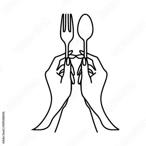 Minimalist line drawing of female hands holding fork and spoon