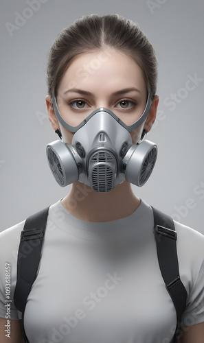 Girl in respirator, graphic style, pure minimalism. portrait on gray background photo