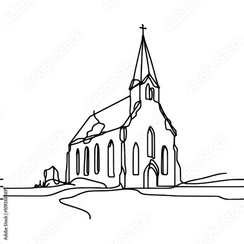Minimalist line art of historic church building with steeple