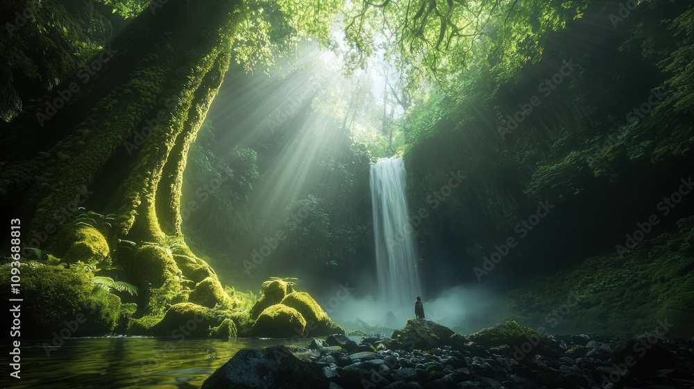 A Solitary Figure Gazing at a Waterfall in a Lush, Sun-Dappled Forest A Solitary Figure Gazing at a Waterfall in a Lush, Sun-Dappled Forest