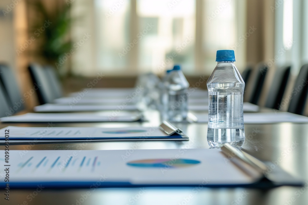 Boardroom Prep: Water bottles and documents neatly arranged on a conference table, setting the scene for a productive meeting. Boardroom Prep: Water bottles and documents neatly arranged on a conference table, setting the scene for a productive meeting.