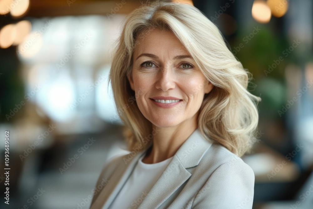 Close-up headshot of confident European mature, good looking middle-aged leader, businesswoman CEO on blurred office background. Beautiful senior European businessman smiling at the camera Close-up headshot of confident European mature, good looking middle-aged leader, businesswoman CEO on blurred office background. Beautiful senior European businessman smiling at the camera
