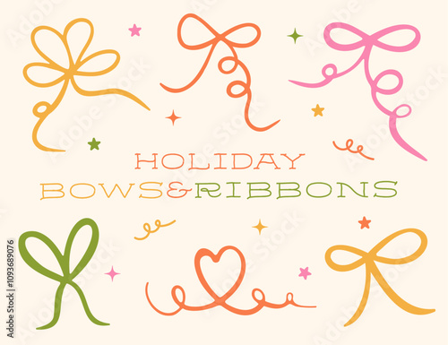 Festive bow and ribbon set. Hand-drawn ink vector elements. For celebration events, presents, gift boxes, invitations etc.