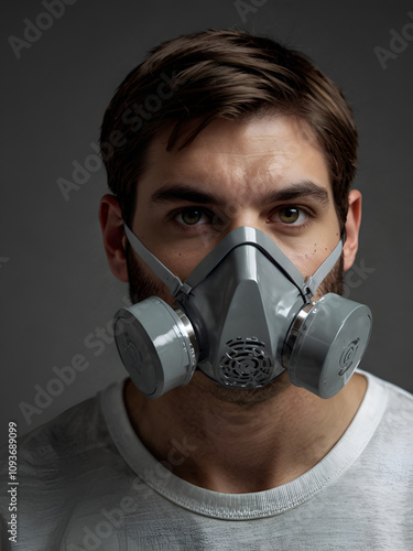 Professional respirator design on a man's face in linear style. photo