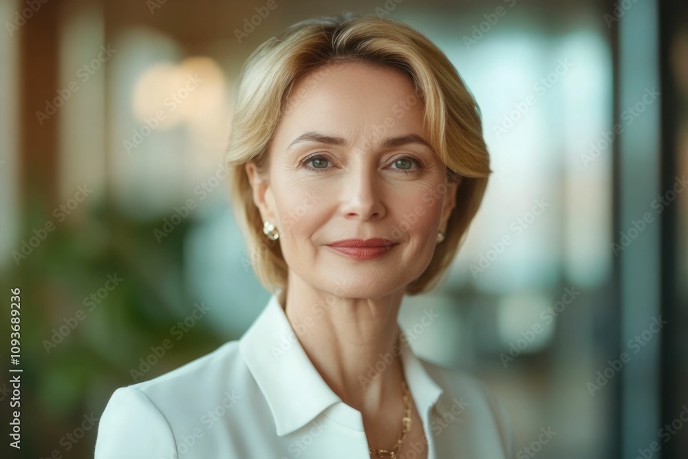 Fototapeta premium Close-up headshot of confident European mature, good looking middle-aged leader, businesswoman CEO on blurred office background. Beautiful senior European businessman smiling at the camera