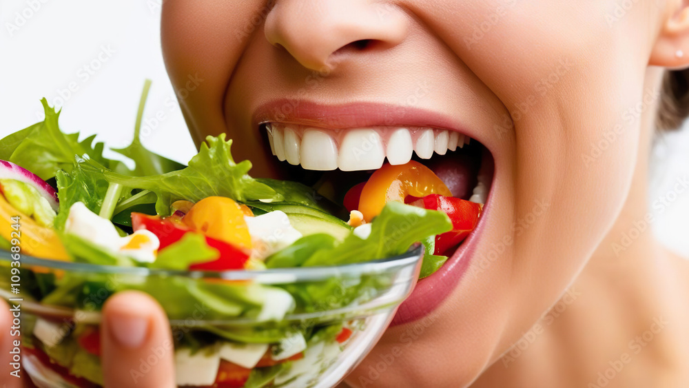 Healthy eating action woman enjoying fresh salad kitchen food photography bright environment wellness concept