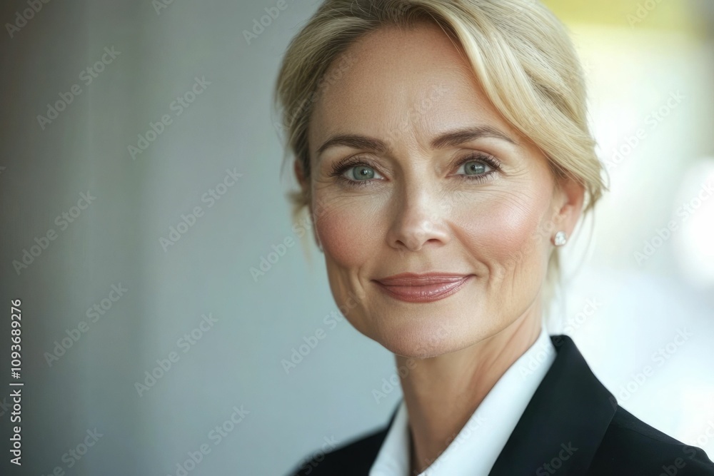 Close-up headshot of confident European mature, good looking middle-aged leader, businesswoman CEO on blurred office background. Beautiful senior European businessman smiling at the camera Close-up headshot of confident European mature, good looking middle-aged leader, businesswoman CEO on blurred office background. Beautiful senior European businessman smiling at the camera