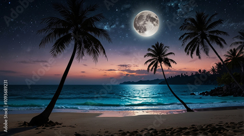 Wallpaper Mural a beautiful fantasy of landscape tropical beach with silhouette palm tree in night skies and full moon  Torontodigital.ca