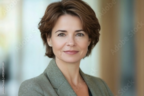 Close-up headshot of confident European mature, good looking middle-aged leader, businesswoman CEO on blurred office background. Beautiful senior European businessman smiling at the camera