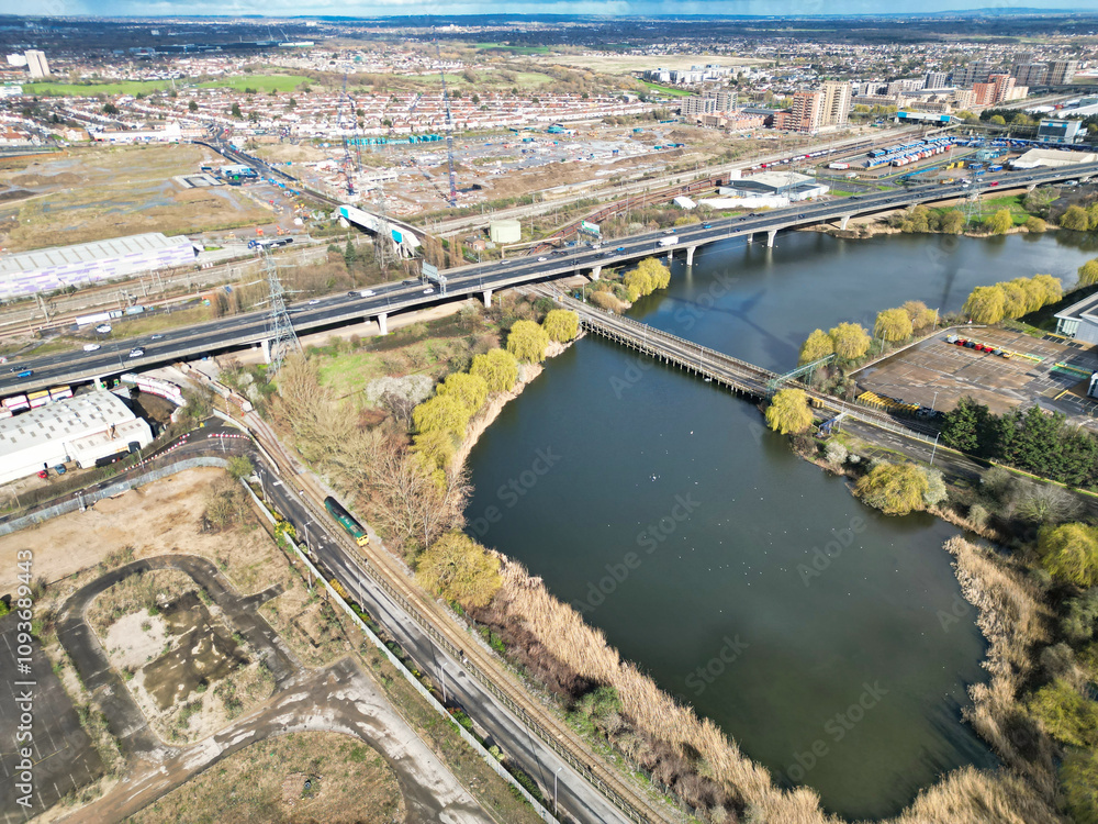 Obraz premium High Angle View of Dagenham City East London Capital City of England Great Britain. Aerial Footage was Captured with Drone's Camera on March 2nd, 2024