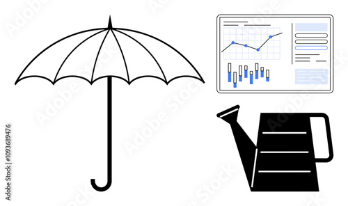 Symbols include an umbrella for protection, watering can for growth, and performance chart for data analysis. Ideal for security, growth, analytics, weather, gardening, business performance