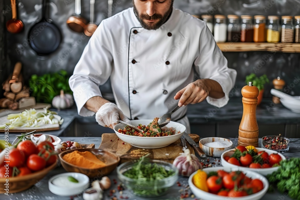 A gourmet meal being prepared by a professional chef in a commercial kitchen A gourmet meal being prepared by a professional chef in a commercial kitchen
