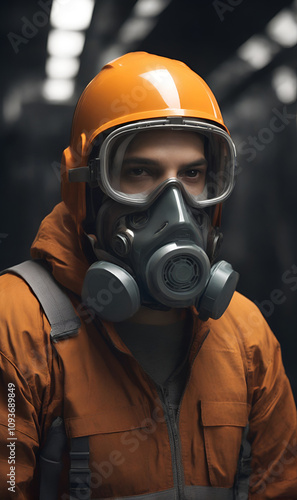 Respirator mask on a male face rendered in graphic technique. photo