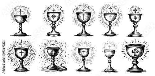 vintage goblet illustrations with religious motifs in bold graphic style