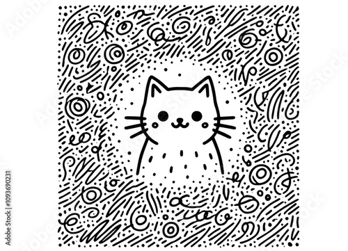 cute cat illustration with abstract doodle background in black and white