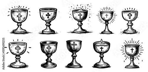 artistic goblet collection with crosses in sketch-inspired style