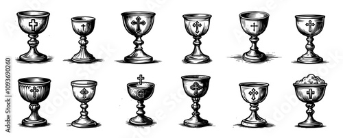 artistic goblet collection with crosses in sketch-inspired style