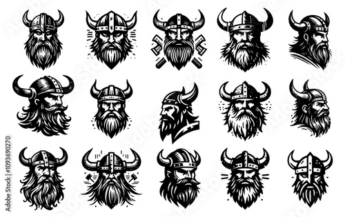 Set of viking head designs – bold black vector illustration