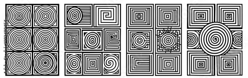 creative geometric designs with radial and grid elements – black vector