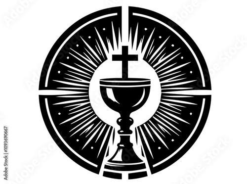 religious black and white illustration of a chalice and cross