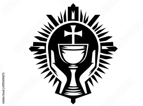 religious black and white illustration of a chalice and cross