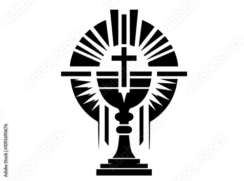 religious black and white illustration of a chalice and cross