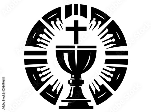 religious black and white illustration of a chalice and cross