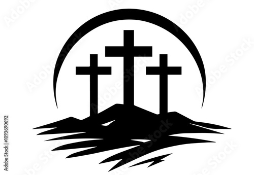 black and white illustration of three crosses with spiritual details – black vector