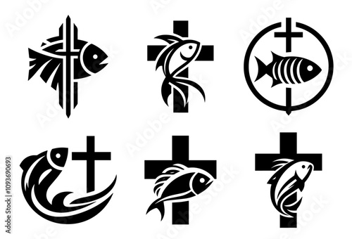 hand-drawn christian fish and cross designs – black vector