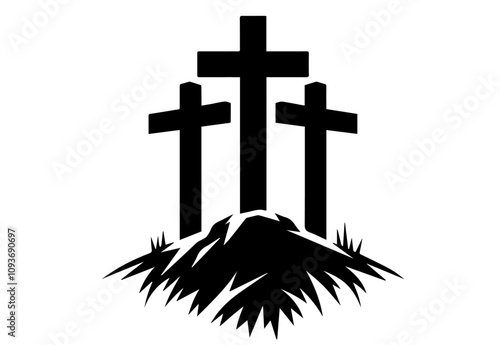 black and white illustration of three crosses with spiritual details – black vector