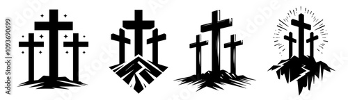 black and white illustration of three crosses with spiritual details – black vector