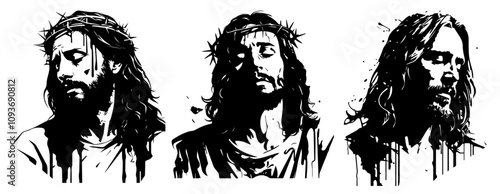 religious art jesus sketches with dramatic details – black vector