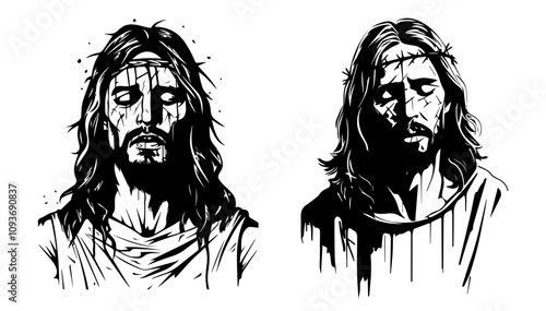 religious art jesus sketches with dramatic details – black vector