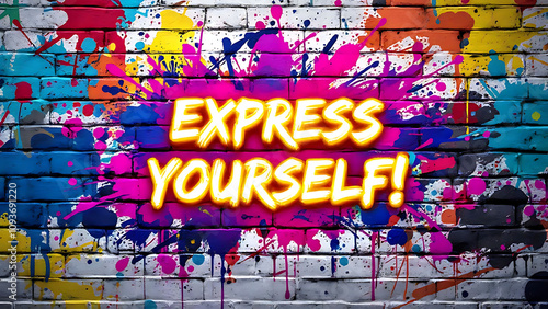 A graffiti-inspired design with vibrant paint splashes on a brick wall. The bold typography in neon yellow reads, Express Yourself!.