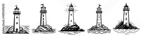 artistic lighthouse sketches showing different perspectives and waves