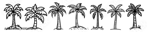black and white illustration of various palm trees, hand-drawn line art