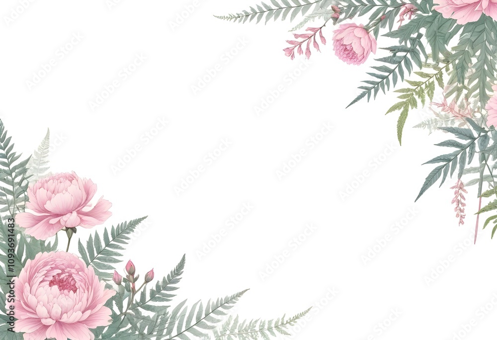 A floral border with pink outline drawings of peonies and ferns on a white background A floral border with pink outline drawings of peonies and ferns on a white background