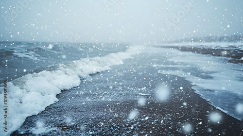 A snowstorm sweeping across a desolate winter beach with icy waves crashing ashore. photo